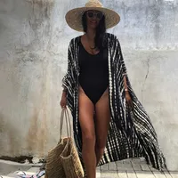 Bikini Cover-Ups Black Retro Striped Selfeded Plus Plus Размер WomenSummer Kimono Платье Пляж Пляж Носить Купюрный костюм Крышка Q1225 210714