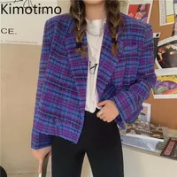 Kimotimo Plaid Blazer Long Sleeve Notched Jacket Office Lady Elegant High Street Chic Korean Party Coat Autumn Women Women&#039;s Suits & Blazers