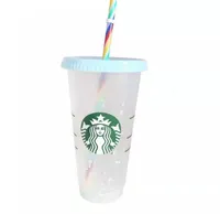 24oz / 16oz alteração de tumblers plástico bebendo suco com lábio e palha mágica caneca de café Costom Starbucks Cor mudando o copo de plástico