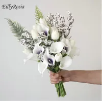 Свадебные цветы Eillyrosia Cala Lily Gypsophila тюльпан белый фиолетовый свадебный букет из элегантных искусственных рук привязан к Bruidsboeeket