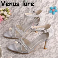 Benutzerdefinierte handgemachte Glitter Silber Damen Sandalen mit Fersen Offene Zehen Sommerschuhe