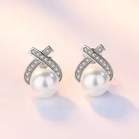 8mm / pièce Cross Design Sterling Silver Boucle d'oreille Stud Naturel Eaules d'eau douce Perles bijoux pour femmes perles Boucles d'oreilles de mariage S925 cadeau anniversaire