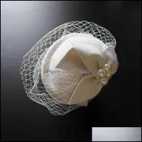 Outras jóias de cabelo 2022 Casamento nupcial Headwear branco Veil Pillbox Cap de pérolas de mulher sentiu Headpiece Boina Beret Senhoras 100% lã fascinante