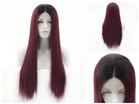 Resistência de alta temperatura peruca de cabelo longo reto preto para vinho vermelho ombre ombre de densidade completa perucas dianteiras sintéticas de renda sintética para mulheres brancas