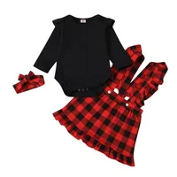 Conjuntos de ropa primavera otoño nacido bebe niña negro manga de manga mullsuit plaid Overly falda Instagramable Traje Set 3 PCS