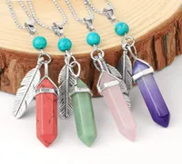 Natural Stone Tower Pendant with Feather Plated Charm Healing Column Gemstone Pendants for Necklaces Women Sweater Necklace Statement Gift