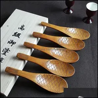 Spoons Flatware Kitchen, Dining & Bar Home Garden Fish Pattern Carved Wooden Spoon Eco-Friendly Solid Wood Rice Durable Soup Tea Cake Scoop