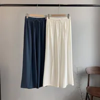 Women's Pants & Capris Sherhure 2021 Women Summer Pure Color Stretch Waist Wide Leg Straight White Female Trousers