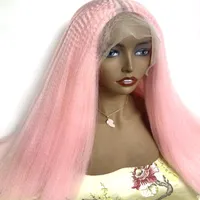 Syntetiska peruker Yaki 180% densitet 26 tum lång kinky Straight Pink Lace Front Wig för svarta kvinnor Daglig cosplay Värmebeständig