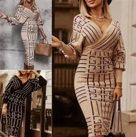 Fashion Women Causal Dresses Sexy Bodycon V-neck high-waist dress ladies Printed Long Sleeve T shirts Blouse Tee Patchwork Striped Club Clothing size S-2XL