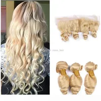 Onda suelta # 613 Cierre frontal de encaje completo rubio con 3 paquetes Peruanos Platinum Blonde Human Hair Weaves con cierre frontal de encaje