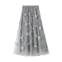 Skirts Women Midi 2021 Fashion Elastic High Waist Appliques Embroidery Floral Mesh Skirt Long Gauze Ball Luxury Gown