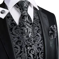 남자의 조끼 hi-tie 럭셔리 검은 색 소완을위한 실크 타이 포켓 스퀘어 커프 단추 세트 클래식 파티 웨딩 양복 조끼