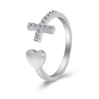 Wedding Rings 1PC Silver Color Alloy Rhinestone Cross Ring Geometric Heart Adjustable Opening For Women Fashion Jewelry Gift