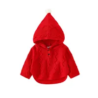 Baby Kids Fashion Red Hooded Pullover Girls Långärmad Stickad Kläder Härlig 100% Organisk Bomull Tröjor