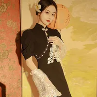 Roupas étnicas 2021 alta moda cheongsam chinês clássico qipao elegante manga curta vestido preto