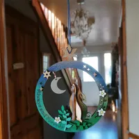 Party Favor Wooden Pendant Round Plaque Looking At The Moon Hanging Decor Glittery Home Ornament For Easter Car REME889
