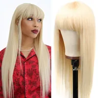 # 613 Ljus blondin långa silkeslen straight syntetiska hår peruker ingen spets full snygg bangs mode kvinnors värmebeständig byte av wig maskin gjord