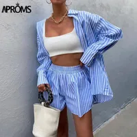 Женские трексуиты Aproms Blue Striped негабаритные 2 частей набор женщин 2021 летняя повседневная рубашка с длинным рукавом и шорты праздник Fashio