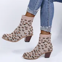 Laarzen PROWOW gebreide stretchy luipaard patroon blok lage hakken slip-on enkel boot vrouwelijke puntige teen plus size botas cortas