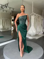Dark Green Long Side Slit Prom Dress Gown Sleeveless Sequins Floor Length Mermaid Bling Night Party Evening Dresses