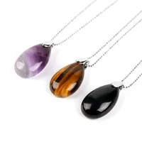 CSJA Natural Gem Stone Water Drop Necklaces Pendants Tiger Eye Lapis Lazuli Clear Crystal Opal Reiki Healing Jewellery Gift 1664 V2
