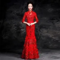 Etnik Giyim Dantel Çin Kırmızı Gelinlik Seksi Kraliçe Oryantal Parti Kadın Cheongsam Sahne Gösterisi Qipao Zarif Ünlü Ziyafet Elbiseler
