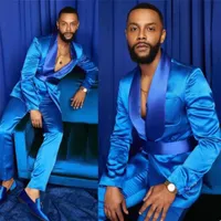 Erkek Takım Elbise Blazers İki Parçalı Suit Ipek Saten Düğün Smokin Yaz Parti Elbise Gömme Moda Mavi Iş Sivri Yaka Ceket + Pantolon