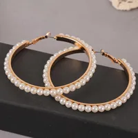 Trendy Female Pearl Big Hoop Earrings For Women Fashion Handmade Beaded Large Round Circle Earring Statement Jewelry Gifts & Huggie