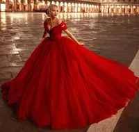 Роскошные платья Quinceanera Red Prom Dress Off Fluffy Tulle Tulle Bears Appliques Вечернее формальное платье с длинным поездом Vestido de