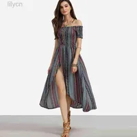짧은 소매 여성 보헤미안 인쇄 드레스 여러 가지 빛깔의 스트립 인쇄 높은 분할 섹시한 긴 슬래시 ​​목 Boho 휴가 드레스 Vestidos