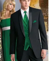 Men&#039;s Suits & Blazers 2022 Custom Made Men 3Pcs Black Blazer Trousers Man Tuxedo With Satin Lapel And Green Vest(Jacket+Pants+Vest+Tie)