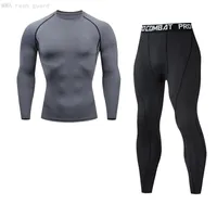 Мужские трексуиты костюм 2 шт. Требующая футболка + брюки сжатие MMA Sportswear серый черный фитнес одежда быстрый сухой бега