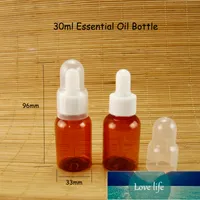 30PCS / Lot Promotion 30ml Amber Plastic Essentail Oilflaska med dropper 1oz Kosmetiska Små Vit Cap Makeup Tools 30g Förpackning