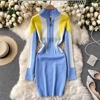 Foamlina Sexy Zipper up Stand Collar Long Sleeve Knit Sweater Dres Elegant Color Block Slim Bodycon Party Club Mini 211224