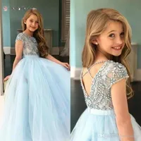 Prenses 2021 Mavi Kızlar Pageant Elbiseler Sheer Crew Boyun Tül Rhinestone Kristal Boncuk Glitz Topu Çiçek Kız Elbise