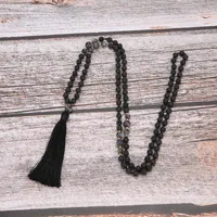 Mala Beads 6mm piedra volcánica meditación anudada joyería semipreciosa hombres y mujeres encanto collar colgando negro borla collares collares