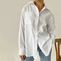 Elegant Women Blouse Shirt White Blue Basic Office Turn Dowm Collar Blouses Casual Slim Button Up Tops Women Shirts Pocket Tunic 210419