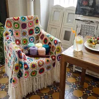 Blankets Handmade Mixcolour Granny Square Crochet Tassels Blanket Afghan Sofa Throw With Cushion Felt Pastoral Style