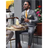 Men&#039;s Suits & Blazers 2022 Grey Stripe Men Smart Casual 2 Pieces Sets Peaked Lapel Business Tailor Made High Quality Slim Fit Calça Masculin
