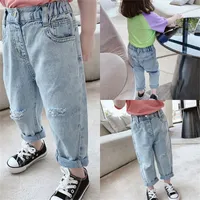 TG koreanska ins nyaste vår sommar barn tjejer jeans hål byxor kvalitet elastiska midja höst barn hål byxor 767 v2