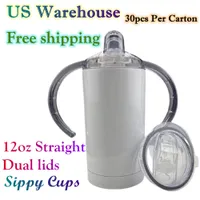 EE. UU. Warehouse 12oz Sippy Cups Tumblers de sublimación en blanco con 2 párpados Bebé Bebé Botella de agua Doble Pared Al vacío Aislamiento Niños Beber Vaso 1 Cartón 30pcs