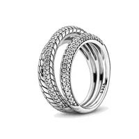 Belle gioielli autentici 925 anello in argento sterling 925 in forma Pandora Charm Triple Band Pavy Snake Catena Catena Pattern Engagement FAI DA TE Anelli di nozze