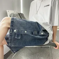 Shorts masculinos verão coreano denim único-peito solto reto metade calça larga perna casual oversized quinto m-5xl