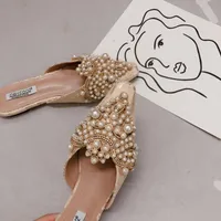 Тапочки струны бусинка женская женская обувь 2021 роскошные блеск скольжения кружевные низко дизайнерские желе с железа мягкая ткань pu