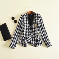 Klassisk Houndstooth Style Toppkvalitet Original Design Kvinnors Jacka Lady Single Button Tweed Coat Rivet Edge Broderade Badge Metal Buckles Outwear