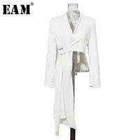 [EAM] 2022 Весна осень V-воротник с длинным рукавом белая кнопка пояса сращенная нерегулярная куртка женщины пальто мода jx600 220217