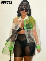 여성용 재킷 UVRCOS 섹시한 Mujer 버블 코트 메쉬 인쇄 패치 워크 턴 다운 칼라 느슨한 및 가벼운 스트리트웨어 리조트 착용