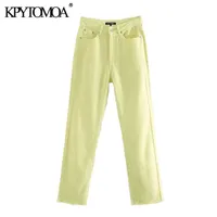 KPYTOMOA Kadınlar 2021 Chic Moda Yüksek Bel Düz-Bacak Kot Pantolon Vintage Düğmeler Sinek Cepler Kadın Ayak Bileği Pantolon Mujer H0908