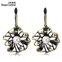 DreamCarnival 1989 Lotus Flower Earrings Hollow Create Pearl CZ Black Gold Color Hip Hop Pendientes Tipo Gota Parties Jewelries 220212